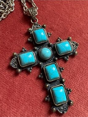 Turquoise Cross - Large 3.5” Pendant.  Southwestern Vintage Necklace.